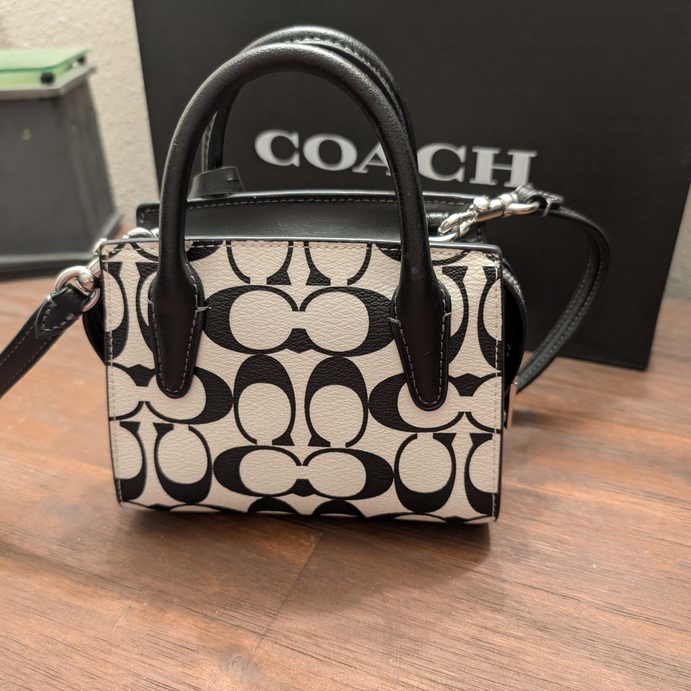 Coach Black and White Signature Mini Andrea Carryall Satchel/Crossbody - Picture 2 of 9
